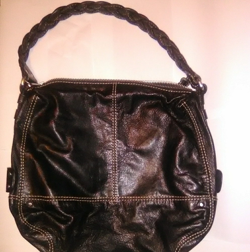 Genuine Fossil black leather Hobo Bag braided strp